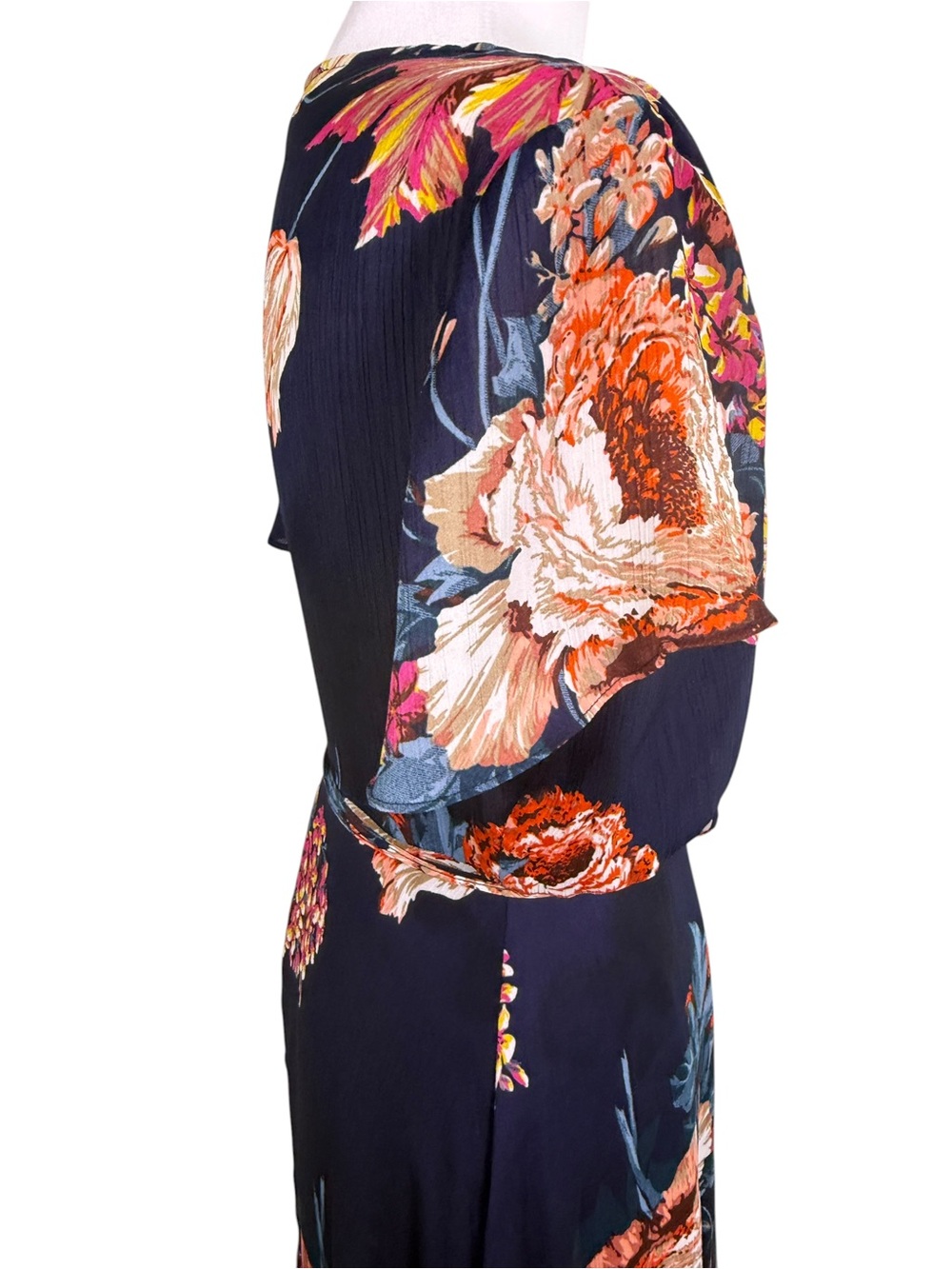 Aakaa Navy Floral High-Low Wrap Dress | Boho Fall Wedding Guest Maxi S - Picture 5 of 11